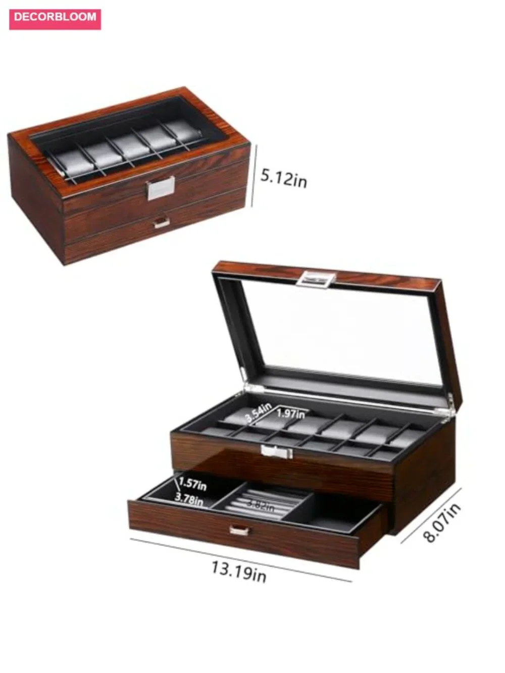 12-Slot Wooden Watch Box with Glass Lid, Faux Leather Interior, 2-Layer Storage